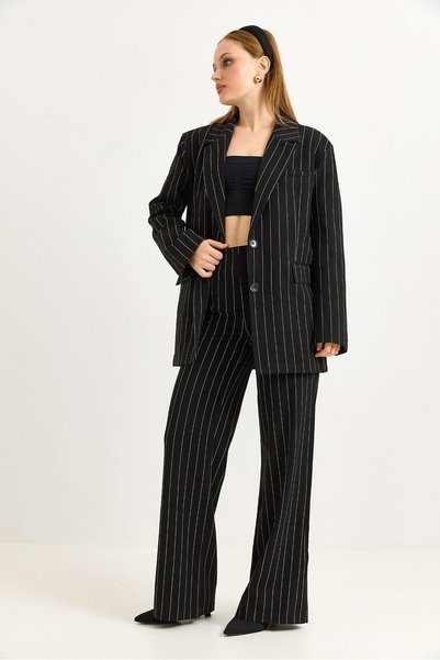 Raneel Kazançlı Alışveriş Spanish Leg Black Striped Suit with Blazer Jacket