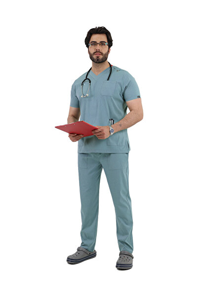 BEDUCA زي الطبيب ذو الأكمام الصناعية برقبة على شكل حرف V من الليكرا باللون ال...