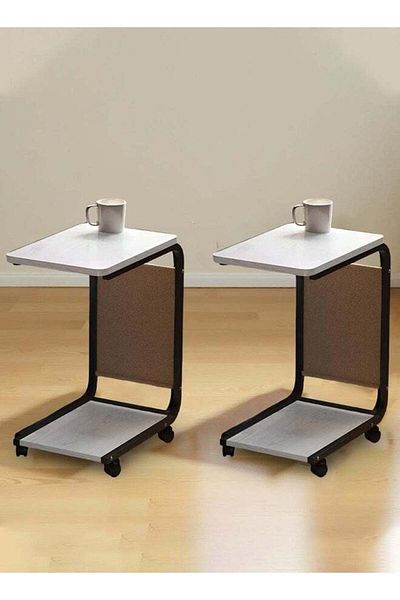 Taimi 2 piece Modern C-Shaped Table with Wheels and Side Pocket 45x30x63CM-White Color with Black Frame