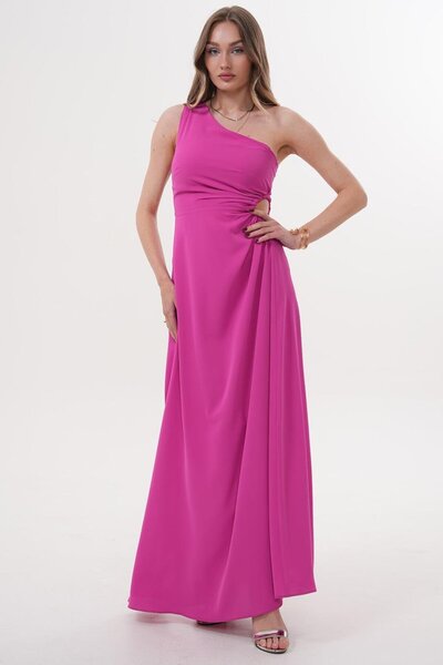Flame İstanbul Butik Rochie lungă fucsia cu un singur umăr, cu detaliu de fereastră laterală - MCK5956