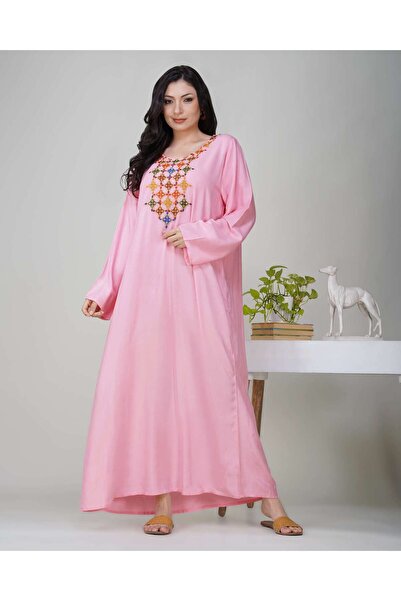 LINELLE جلابية نسائية - فستان قطني وردي بأكمام طويلة مع تصميم مطرز ملون على ا...