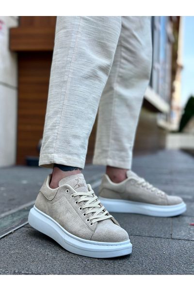 EBRUS TREND Et0547 Thick High Sole Cream Suede Lace-Up Sports Men's Shoes