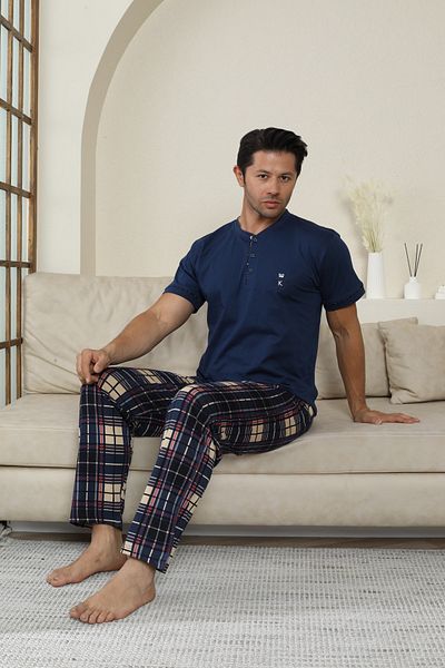 KAPİTEX Men's Short Sleeve, Bottom Long Placket Button, with Pockets 100% Cotton Navy Color Father's Day Pajamas Set