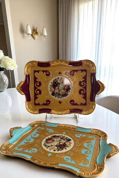 Sevinse Home صينية إيطالية فاخرة مصنوعة يدويًا من خشب الورد تتسع لـ 6 أشخاص باللون الأحمر الداكن والذهبي، صينية تقديم