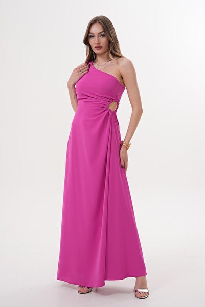 Flame İstanbul Butik Rochie lungă fucsia cu un singur umăr, cu detaliu de fereastră laterală - MCK5956