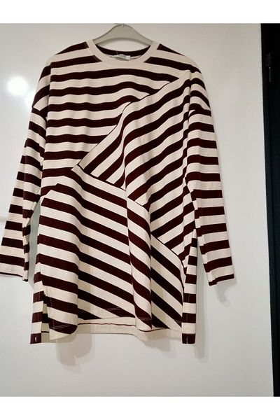 OceanGiyim Women's Tunic Brown Striped Combed Cotton Tunic