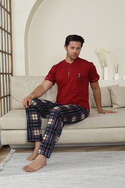 KAPİTEX Men's Short Sleeve, Bottom Long Placket Button, with Pockets 100% Cotton Burgundy Color Father's Day Pajamas Set