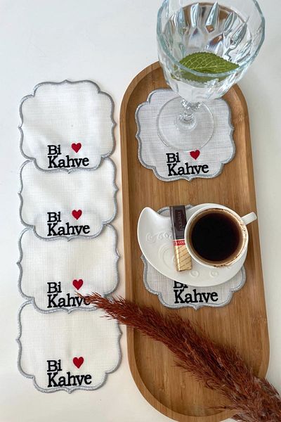 Hevia Home Ball Coffee Embroidered 6 Pieces Coffee Side Napkin Cocktail Napkin & Coaster & Presentation Holder