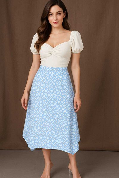 gigigiyim Fusta de damă cu model floral cu croiala asimetrică albastră