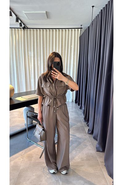 BELLA FASHION Lace-Up Short Sleeve Jacket Pants Set