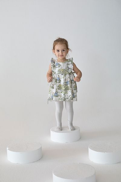 Patique Kids Cream Rabbit Patterned Gathered Cotton Girl's Dress