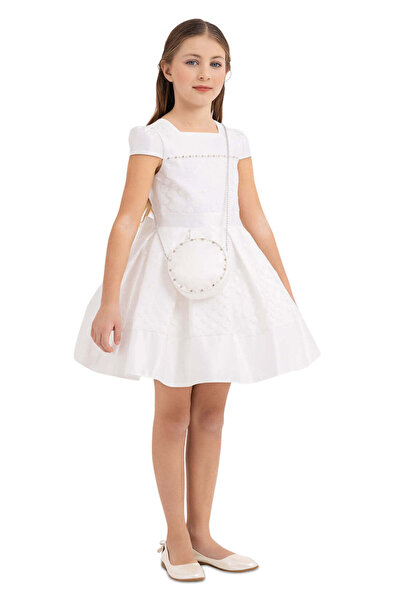 Pamina Elegant Dress, - Matching Bag, with Embossed Polka Dots, White, 33224 - 122 cm