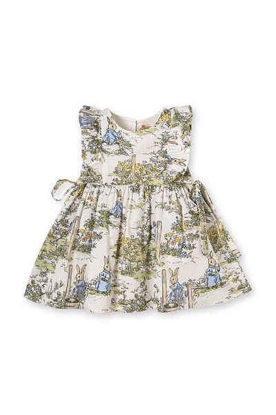 Patique Kids Cream Rabbit Patterned Gathered Cotton Girl's Dress
