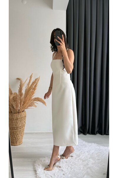 HARMONY GLOBAL Ekru Boyun Askılı Yırtmaç Detaylı Midi Elbise – Fit Kalıp, Tok Double Kumaş 146