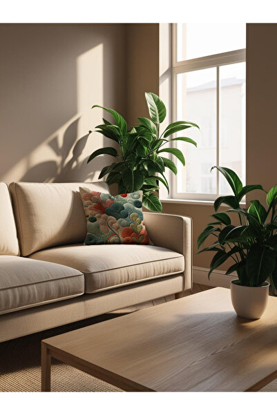 LadiesHome Punch Nakış Desenli Dijital Baskılı Dekoratif Yastık 4243– 43x43 Cm Mikro Petek Kumaş