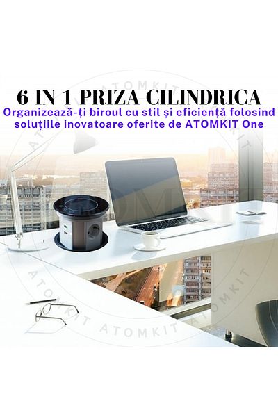 ATOMKIT Priza Incorporabila Retractabila ATOMKIT® One, Incarcare Wireless 15W, 3 Prize, 2 Porturi USB, NEGRU