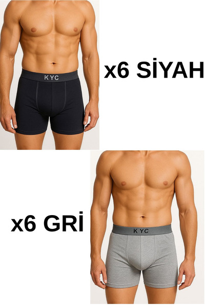 12 Adet Siyah-Gri Likralı Pamuklu Boxer