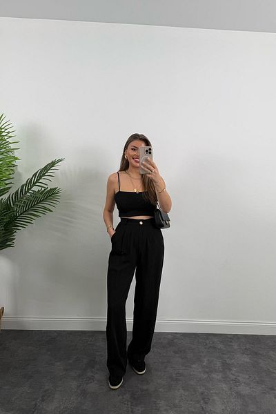 LİSAA BUTİK Premium Series Gold Button Detail Waist Elastic Palazzo