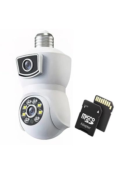 TodayShop Cameră WiFi cu bec și soclu E27, obiectiv dublu E9, CCTV 1080P PTZ 2MP, cu card de memorie de 32GB