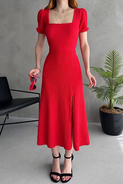 Fav Style Women's Square Neck Short Sleeve Slit Back Detailed Midi Dress Red