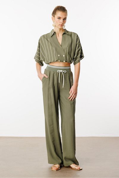 Moda İlgi Modailgi Buy High Waist Loose Pants with Ribbed Pleated Side Pockets - 15020,10021 Khaki