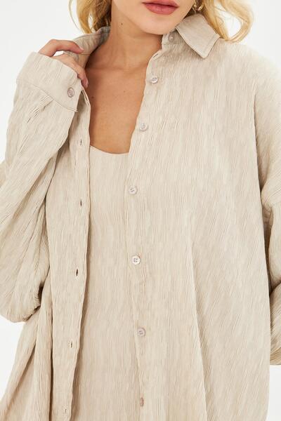BELISTIL Bej Oversize Piliseli Kırinkıl Uzun Kollu Gömlek