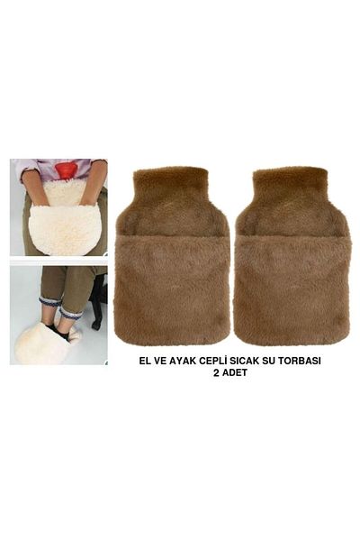 Bosphorus Warm Water Bag 2 Pcs, Brown Plush Thermofor with Pocket 32,5X17,5Cm 1500 ml