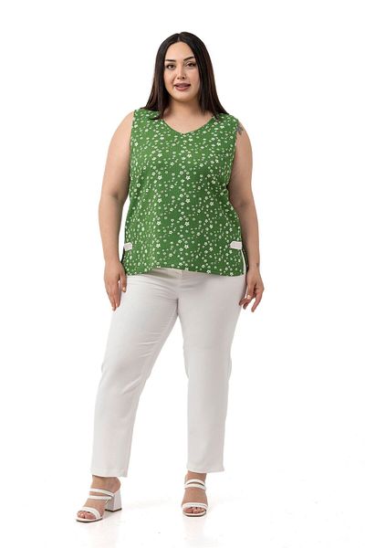 DISENTIS MODEST Plus Size Floral Print V Neck Sleeveless Green Blouse with Side Slit Detail