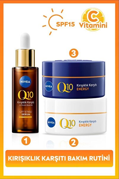 NIVEA SPF15 Q10 Energy Gündüz Yüz Kremi 50ml, Gece Kremi 50ml ve Kırışıklık Karşıtı Çift Etkili Serum 30ml