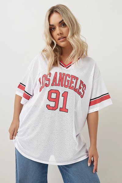 Stil Diva Large Size V-Neck Short Sleeve Printed Mesh T-Shirt 303495