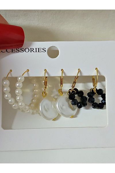 mos&more 3 Pairs Pearl Beaded Hoop Women's Earring Set