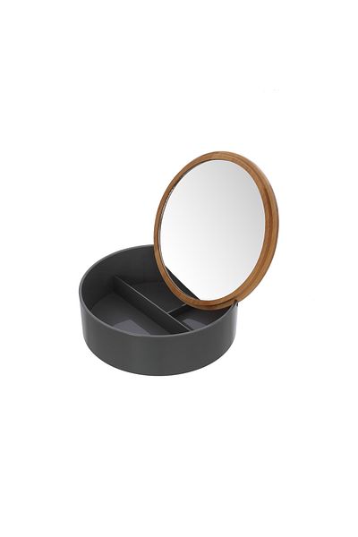 Feridras Smack round jewelry/cosmetic box, with mirror, dark gray with bamboo lid