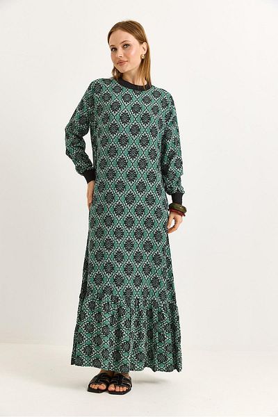 Raneel Kazançlı Alışveriş Viscose Fabric Sleeve Elastic Bottom Six Pleated Green