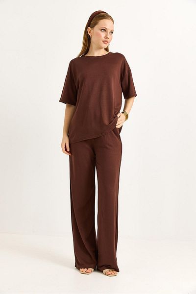 Raneel Kazançlı Alışveriş Comfortable Fit Crystal Knitted Tracksuit Set Brown