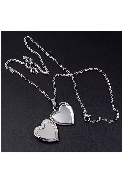 Herşey Nota Turquoise Openable Lid Heart Pendant Picture Necklace with 55 cm Chain, Metal Picture Pendant