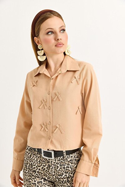 Raneel Kazançlı Alışveriş Bow Detailed Woven Shirt Mink