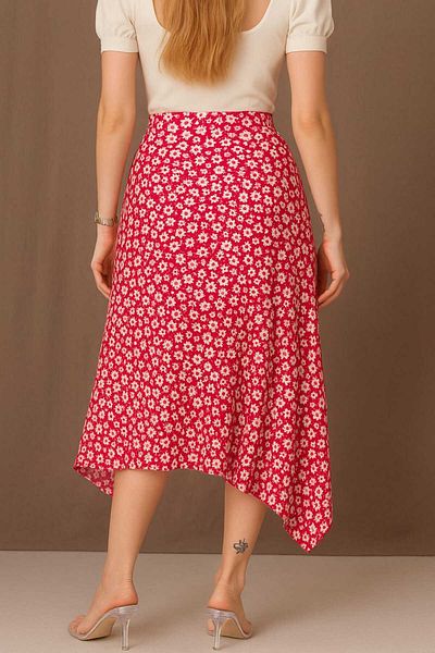 gigigiyim Floral Patterned Asymmetrical Cut Women's Skirt Red
