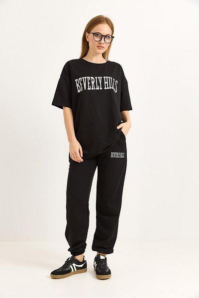 Raneel Kazançlı Alışveriş Print Detailed Knitted Double Tracksuit Set Black