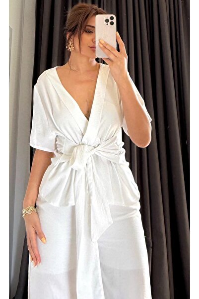 Daves White Elastic Waist Cotton Linen Trousers Set