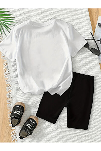 MORNİNG KİDS Girl's Leopard Cherry Printed White T-Shirt-Black Short Leggings Set