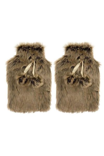 Bosphorus Warm Water Bag 2 Pcs, Brown with Plush Pompom 28X18X2Cm 1 Liter