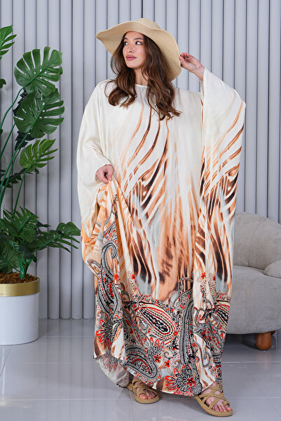 EMY TEKSTİL Women's Patterned Oversize Long Viscose Dress Coffee Abaya Hijab Dress