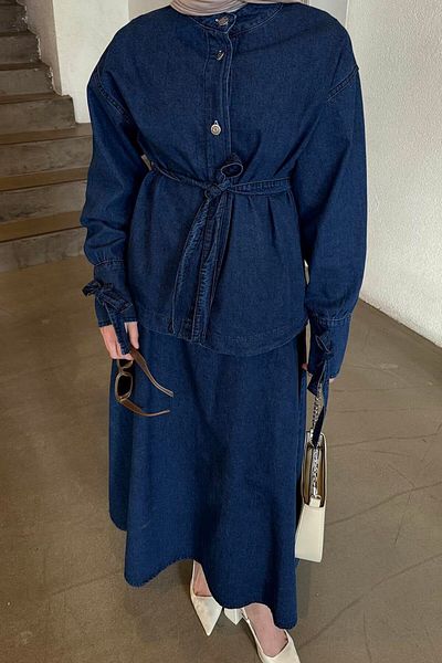 lamelif Button Front Denim Skirt Suit Denim Blue