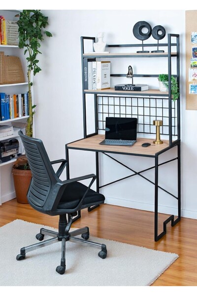 Bye Concept More DEKORATİF 2 RAFLI METAL ÇALIŞMA MASASI AHŞAP RAFLI KİTAPLIK BİLGİSAYAR VE LAPTOP MASASI