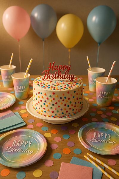 Big Party Macaron Happy Birthday Themed Cardboard Plate Cup Set for 8 People