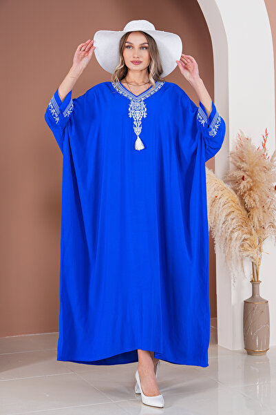 EMY TEKSTİL Rochie lungă din viscoză brodată de damă, mărime mare, Saks Blue