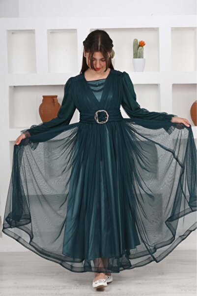 FMN Butik Rochie de seară lungă Hijab pentru fetiță, cu detaliu de cataramă