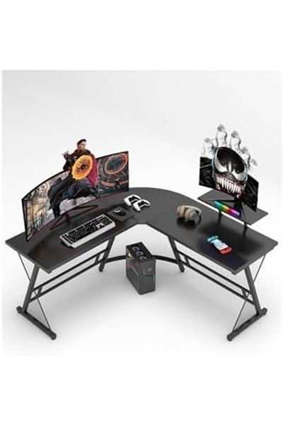 ALMUFARREJ L-Shaped Gaming Table, Home Gaming Desk, Writing Workstation, Black 130x50x74cm