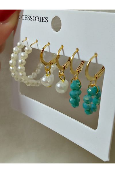 mos&more 3 Pairs Pearl Beaded Hoop Women's Earring Set
