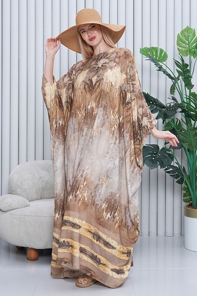 EMY TEKSTİL Women's Patterned Oversize Long Viscose Dress Brown Hijab Abaya